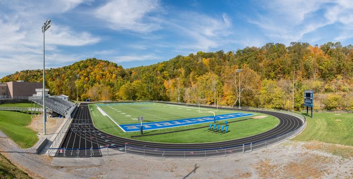 Blacksville, WV - 19 October 2020: Football field and track at Clay-Batelle high school in Blacksville, West Virginia