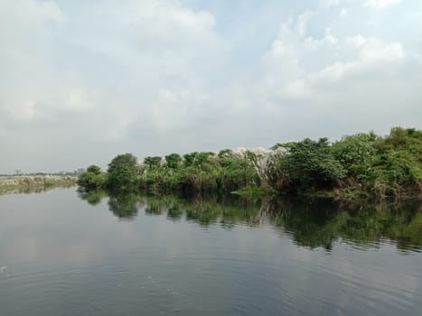 lake and green view with sky and nature