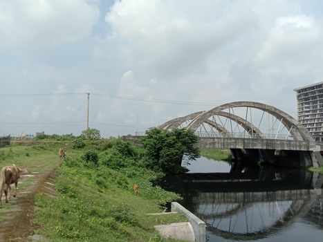 stylish steel and concrete bridge on lake with nature