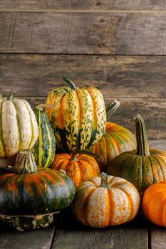 Many colorful pumpkins on rustic wooden background , autumn harvest, Halloween or Thanksgiving concept