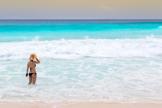 The beach with waves on the Seychelles
