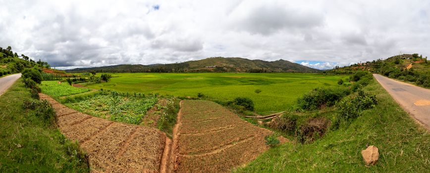 A landscape pictures of the country of Madagascar, with mountains and meadows