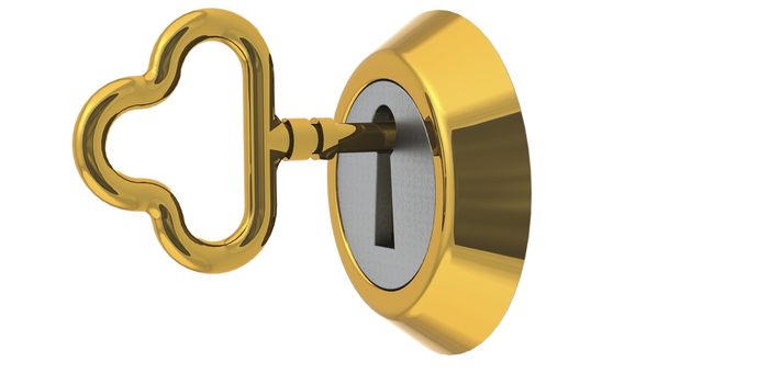 Golden key to unlock isolated, 3d rendering