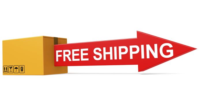 Free shipping text on the cardboard box isolated, 3D rendering