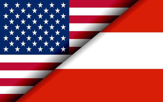 Flags of the USA and Austria divided diagonally. 3D rendering