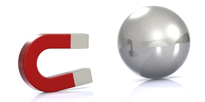 Red magnet attract metal ball, 3D rendering