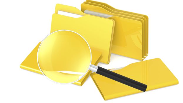 Yellow folder and magnifying glass, 3d rendering