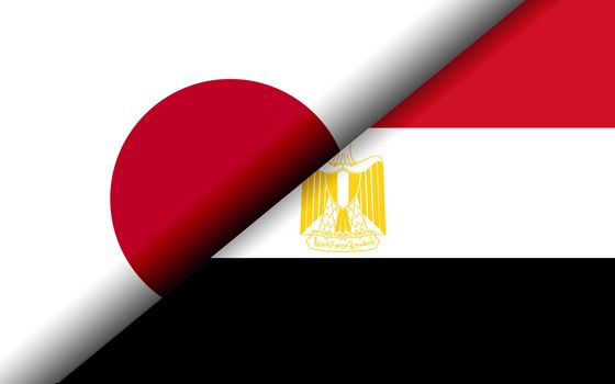 Flags of the Japan and Egypt divided diagonally. 3D rendering