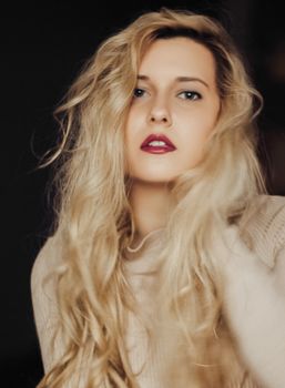 Beauty portrait of young woman, long blonde hairstyle and natural makeup look, cosmetics and 90s style fashion brand campaign