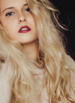 Beauty portrait of young woman, long blonde hairstyle and natural makeup look, cosmetics and 90s style fashion brand campaign