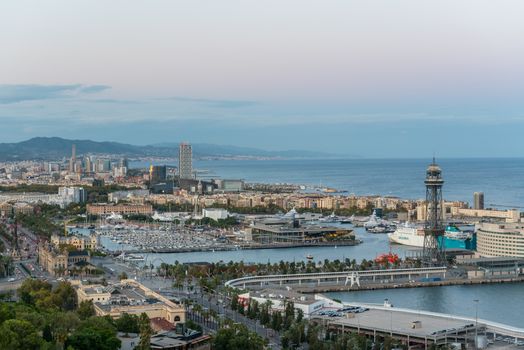 Barcelona, Spain : 2020 September 26 : Cityscape in the Port of Barcelona from Montjuic in Summer 2020.