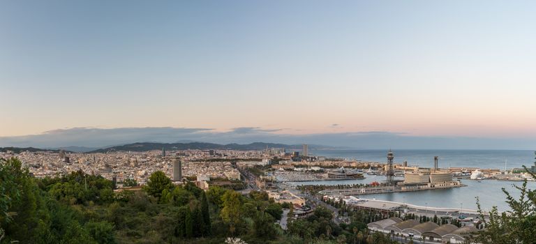 Barcelona, Spain : 2020 September 26 : Cityscape in the Port of Barcelona from Montjuic in Summer 2020.