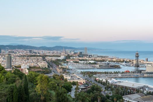 Barcelona, Spain : 2020 September 26 : Cityscape in the Port of Barcelona from Montjuic in Summer 2020.