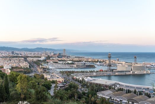 Barcelona, Spain : 2020 September 26 : Cityscape in the Port of Barcelona from Montjuic in Summer 2020.