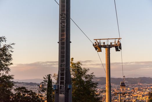 Barcelona , Spain : September 26 , 2020 : Teleferic in the Montjuic Castle is an old military fortress, with roots dating back to 1640, built on top of Montjuïc hill in Barcelona