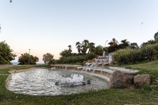 BARCELONA, SPAIN - september 26, 2020: It is a cascade fountain in the Jardins del Mirador Park on Mount Montjuic.