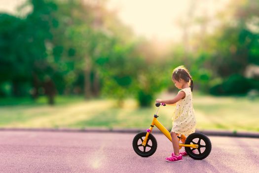 Little girl learns to riding balance bike in the park