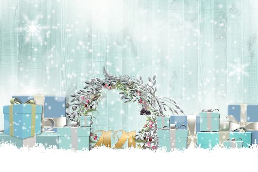 Christmas New Year wooden background of turquoise blue Christmas gift boxes, floral wreath on blue wooden background with snow. Place for text, 3D render.