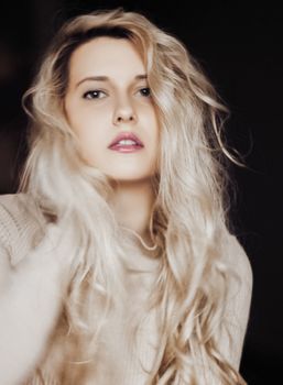 Beauty portrait of young woman, long blonde hairstyle and natural makeup look, cosmetics and 90s style fashion brand campaign