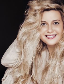 Beautiful woman smiling, long blonde hairstyle and natural makeup look, beauty and 90s style fashion brand campaign