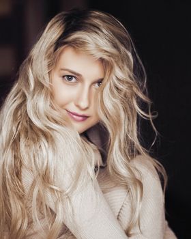 Beauty portrait of young woman, long blonde hairstyle and natural makeup look, cosmetics and 90s style fashion brand campaign