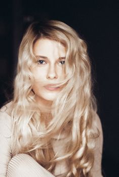Beauty portrait of young woman, long blonde hairstyle and natural makeup look, cosmetics and 90s style fashion brand campaign