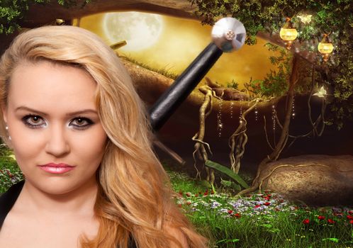 young beautiful blonde woman or girl with a sword behind the back