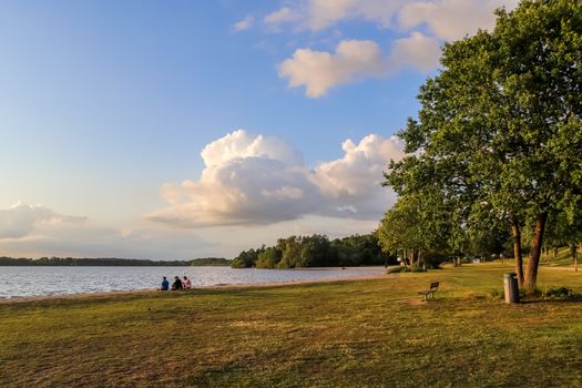 Beautiful sunny landscape at a lake with a reflective water surface.