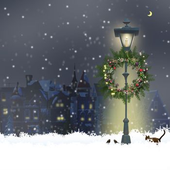 Christmas magic night with old cityscape, snow, street lights, floral wreath in 3D illustration, design for Christmas New Year card.