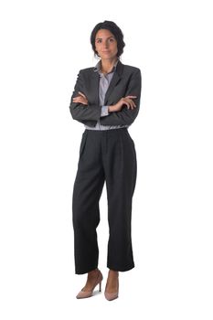 Full length portrait of young business woman with arms crossed studio isolated on white background, business people