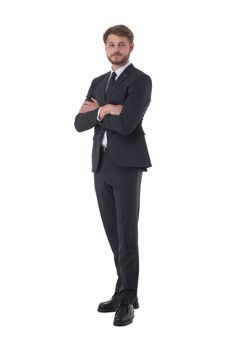 Full length portrait of business man isolated on white background, business people