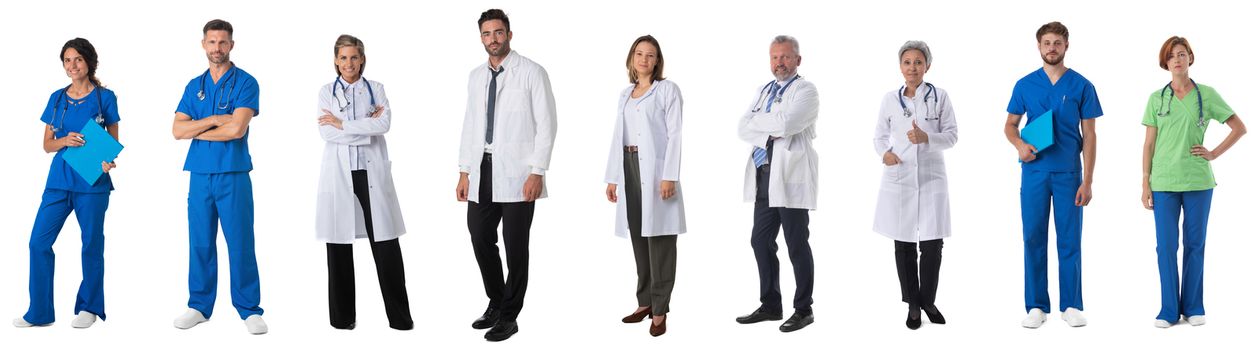 Collection of full length portraits of medical doctors. Design element, studio isolated on white background