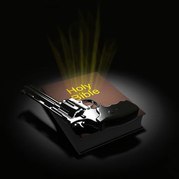 Holy Bible and revolver. 3D rendering