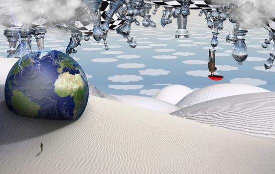 Surreal desert with chess figures. Globe and figure of man in a distance. Man flies with umbrella. 3D rendering