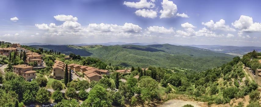 Aerial panoramic view of a beautiful landscape around the town of Montalcino, province of Siena, Tuscany, Italy