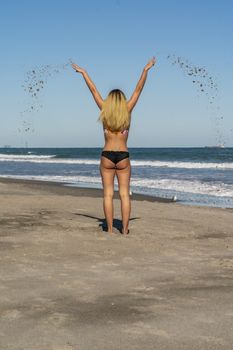 A gorgeous bikini model posing in a beach environment