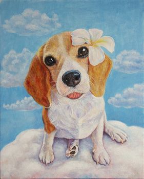 A cute Elizabeth beagle dog with flowers on his ears sitting in the clouds with a sky background. Acrylic Painting on Canvas
