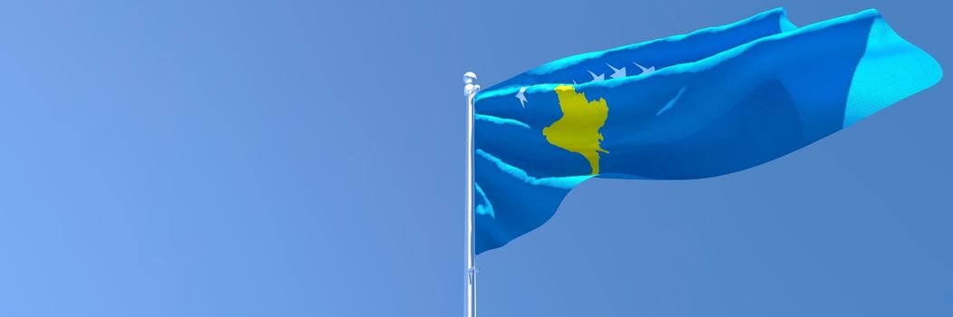 3D rendering of the national flag of Kosovo waving in the wind against a blue sky