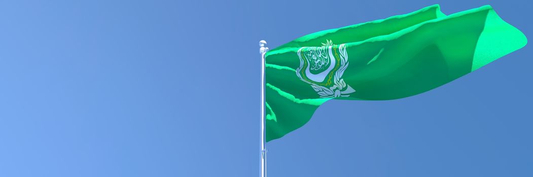 3D rendering of the national flag of Arabic league waving in the wind against a blue sky