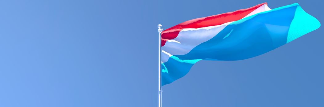 3D rendering of the national flag of Luxembourg waving in the wind against a blue sky