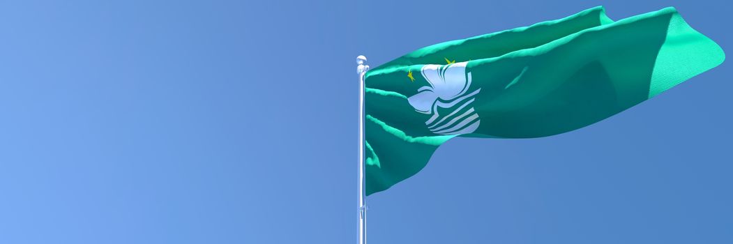 3D rendering of the national flag of Macau waving in the wind against a blue sky