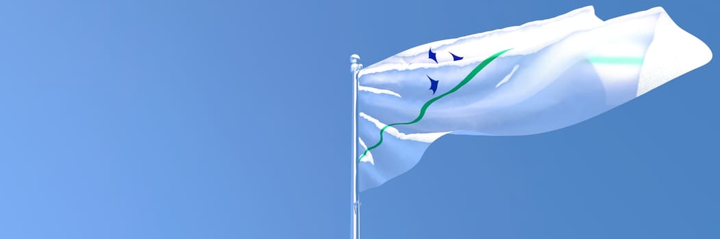 3D rendering of the national flag of Mercosur waving in the wind against a blue sky