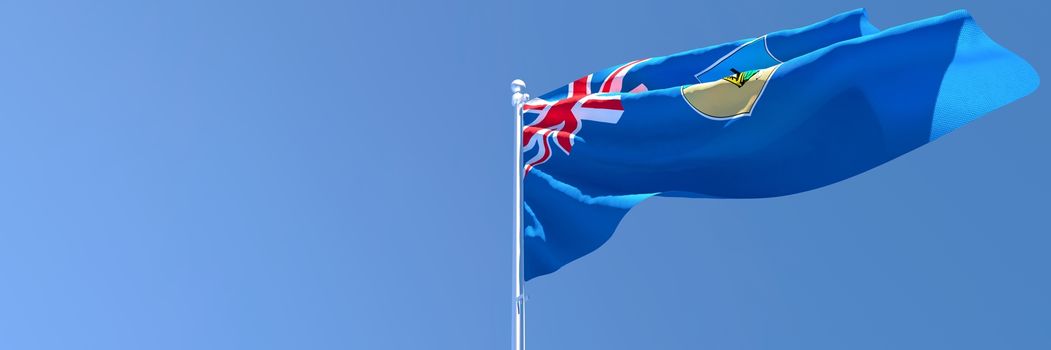 3D rendering of the national flag of Montserrat waving in the wind against a blue sky