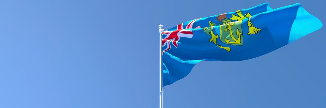 3D rendering of the national flag of Pitcairn islands waving in the wind against a blue sky