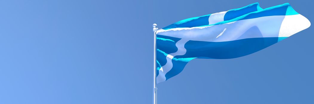 3D rendering of the national flag of Scotland waving in the wind against a blue sky