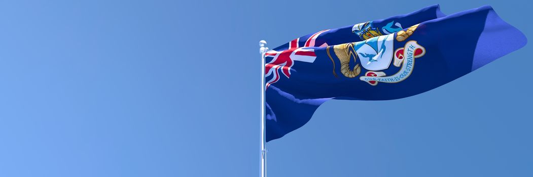 3D rendering of the national flag of Tristan da Cunha waving in the wind against a blue sky