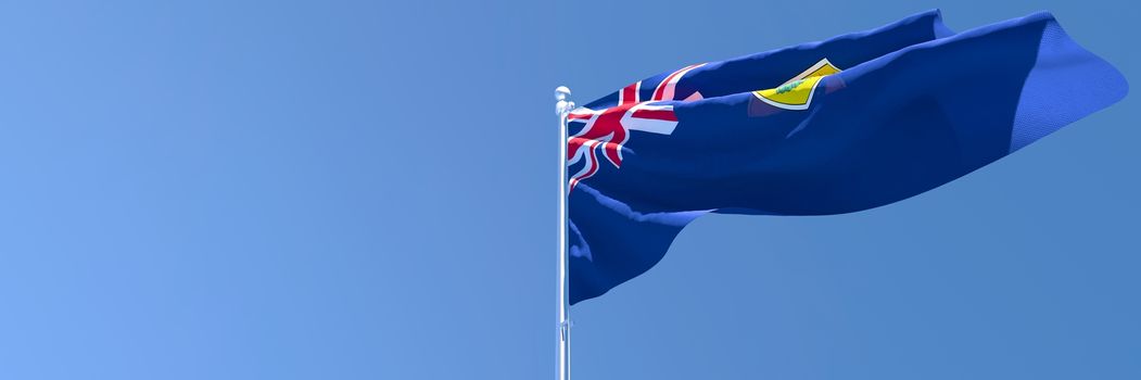 3D rendering of the national flag of Turks and Caicos Islands waving in the wind against a blue sky