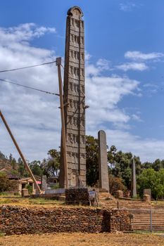 Ancient monolith stone obelisk, symbol of the old Aksumite civilization in city Aksum, Ethiopia. UNESCO World Heritage site. African culture and history place. Cradle of life.