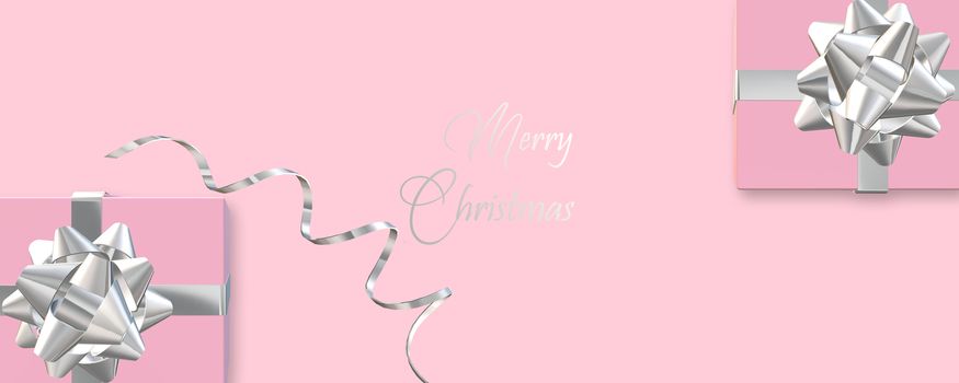 Christmas luxury banner with realistic gift boxes with bow, silver confetti on pink background. Silver text Merry Christmas. Horizontal. Illustration