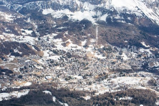 Cortina d'Ampezzo winter city view from Toffana ski area, ski resort in Italy. Cortina , Regina delle Dolomiti, Queen of the Dolomites , Dolomites mountains